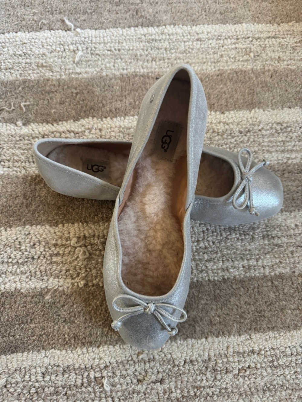 UGG Metallic Silver Shearling-Lined Ballet Flats